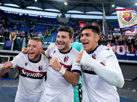 Jesper Karlsson of Bologna FC celebrates the victory with Riccardo Orsolini and Santiago Castro at the end of  the Serie A Enilive match bet...