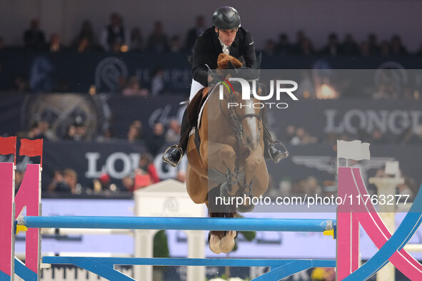 Mark McAuley rides Django Ste Hermelle during the CSI5*-W Longines FEI Jumping World Cup 2024 Grand Prix presented by KASK, at Pala Fimauto...