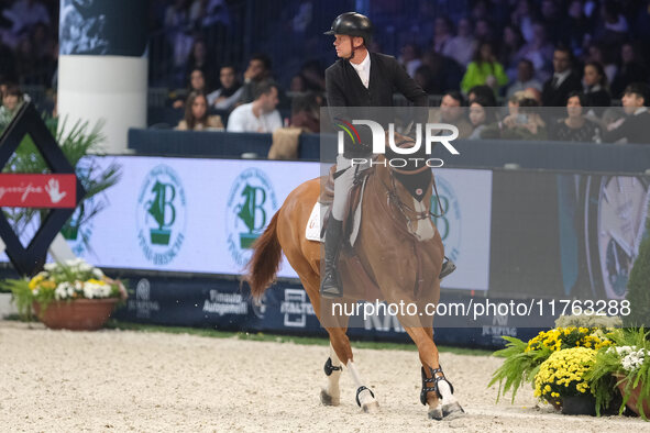 Jerome Guery rides Careca LS Elite during the CSI5*-W Longines FEI Jumping World Cup 2024 Grand Prix presented by KASK at Pala Fimauto in Ve...