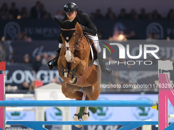 Jerome Guery rides Careca LS Elite during the CSI5*-W Longines FEI Jumping World Cup 2024 Grand Prix presented by KASK at Pala Fimauto in Ve...