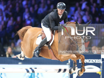 Jerome Guery rides Careca LS Elite during the CSI5*-W Longines FEI Jumping World Cup 2024 Grand Prix presented by KASK at Pala Fimauto in Ve...