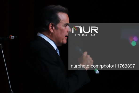 Fernando de la Mora, a Mexican tenor, speaks during the First World Mariachi Congress at the Teatro Esperanza Iris in Mexico City, Mexico, o...