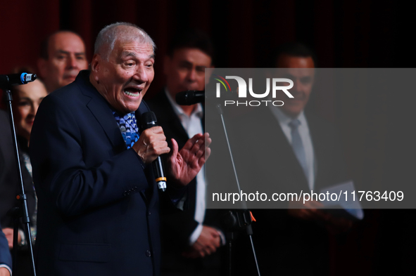 Martin Urieta, a Mexican singer-songwriter, speaks during the First World Mariachi Congress at the Teatro Esperanza Iris in Mexico City, Mex...