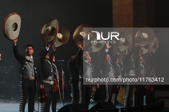 Members of Mariachi de America de Jesus Ramirez Hijar participate in the First World Mariachi Congress at the Teatro Esperanza Iris in Mexic...