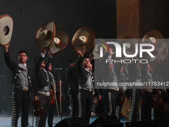 Members of Mariachi de America de Jesus Ramirez Hijar participate in the First World Mariachi Congress at the Teatro Esperanza Iris in Mexic...