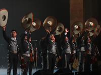 Members of Mariachi de America de Jesus Ramirez Hijar participate in the First World Mariachi Congress at the Teatro Esperanza Iris in Mexic...