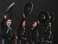 Members of Mariachi Vargas de Tecalitlan participate in the First World Mariachi Congress at the Teatro Esperanza Iris in Mexico City, Mexic...