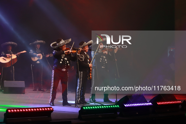 Members of Mariachi Vargas de Tecalitlan participate in the First World Mariachi Congress at the Teatro Esperanza Iris in Mexico City, Mexic...