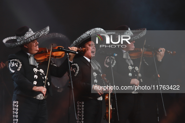 Members of Mariachi Vargas de Tecalitlan participate in the First World Mariachi Congress at the Teatro Esperanza Iris in Mexico City, Mexic...