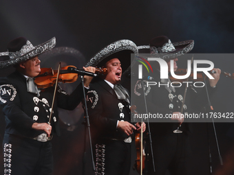 Members of Mariachi Vargas de Tecalitlan participate in the First World Mariachi Congress at the Teatro Esperanza Iris in Mexico City, Mexic...