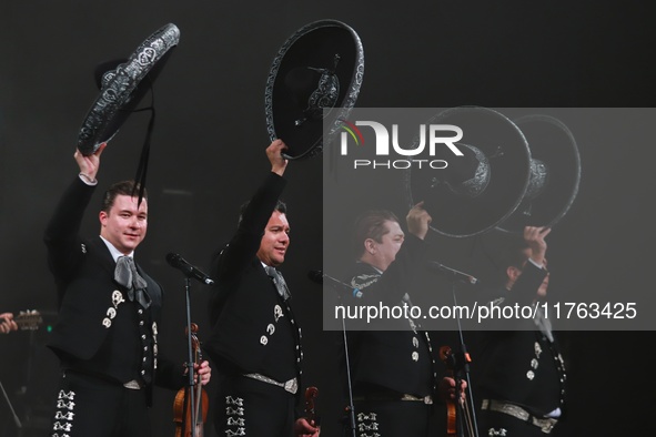 Members of Mariachi Vargas de Tecalitlan participate in the First World Mariachi Congress at the Teatro Esperanza Iris in Mexico City, Mexic...