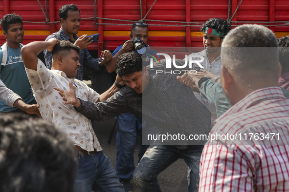 Students from anti-discrimination movements attack an Awami League supporter in Dhaka, Bangladesh, on November 10, 2024. 