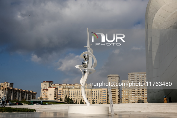 Modern sculture is seen in front of Heydar Aliyev Centre in Baku, the capital of Azerbaijan on November 10, 2024. 