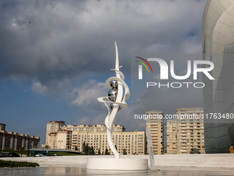 Modern sculture is seen in front of Heydar Aliyev Centre in Baku, the capital of Azerbaijan on November 10, 2024. (