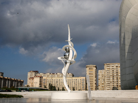 Modern sculture is seen in front of Heydar Aliyev Centre in Baku, the capital of Azerbaijan on November 10, 2024. (