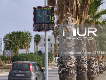 A solar-powered speed indicator installed along a palm-lined road aims to promote safe driving by monitoring and displaying vehicle speeds....