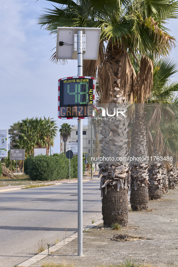 A solar-powered speed indicator installed along a palm-lined road aims to promote safe driving by monitoring and displaying vehicle speeds....