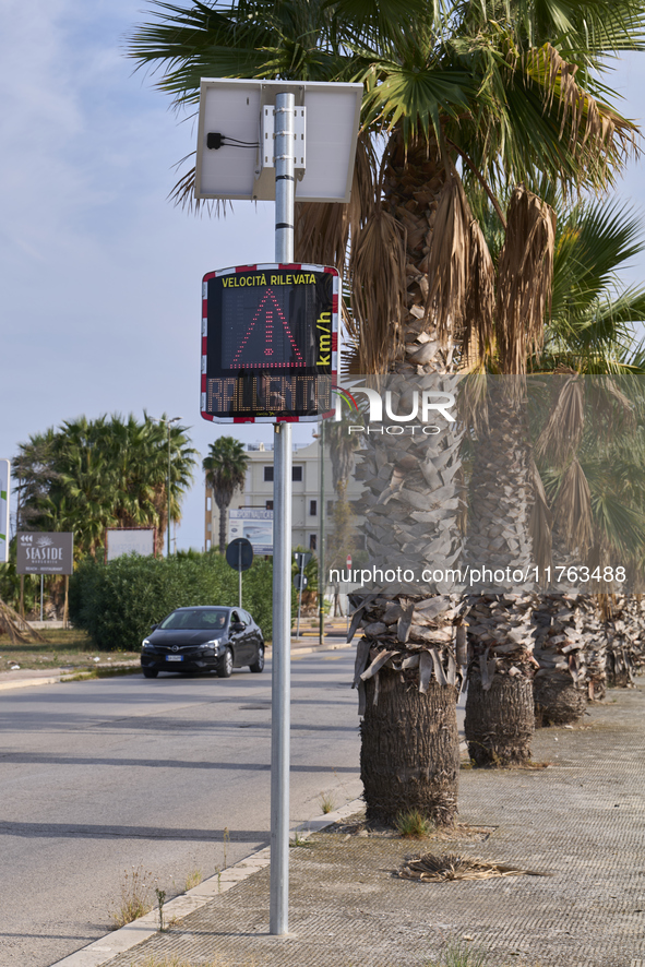 A solar-powered speed indicator installed along a palm-lined road aims to promote safe driving by monitoring and displaying vehicle speeds....