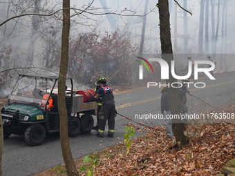 A wildfire impacts several forests in the area on Sunday morning in New York State as it is announced that a New York State parks employee w...