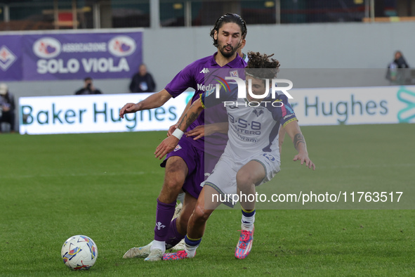 Yacine Adli of ACF Fiorentina and Domagoj Bradaric of Hellas Verona FC ,battle for the ball during the Italian Serie A football match betwee...