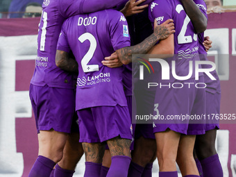 Moise Kean of ACF Fiorentina celebrates after scoring his team's goal during the Italian Serie A football match between ACF Fiorentina and H...