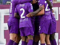 Moise Kean of ACF Fiorentina celebrates after scoring his team's goal during the Italian Serie A football match between ACF Fiorentina and H...