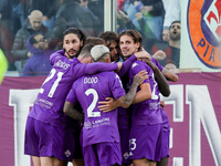 Moise Kean of ACF Fiorentina celebrates after scoring his team's goal during the Italian Serie A football match between ACF Fiorentina and H...