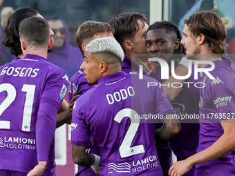 Moise Kean of ACF Fiorentina celebrates after scoring his team's goal during the Italian Serie A football match between ACF Fiorentina and H...