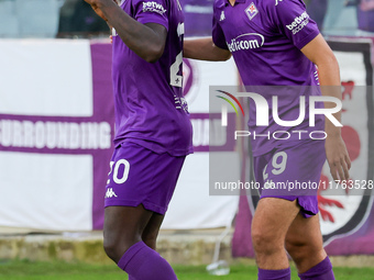 Moise Kean of ACF Fiorentina celebrates after scoring his team's goal during the Italian Serie A football match between ACF Fiorentina and H...