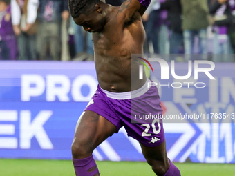 Moise Kean of ACF Fiorentina celebrates after scoring his team's goal during the Italian Serie A football match between ACF Fiorentina and H...