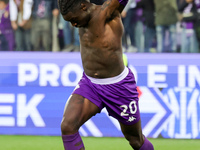 Moise Kean of ACF Fiorentina celebrates after scoring his team's goal during the Italian Serie A football match between ACF Fiorentina and H...