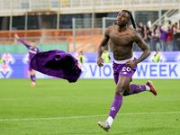 Moise Kean of ACF Fiorentina celebrates after scoring his team's goal during the Italian Serie A football match between ACF Fiorentina and H...