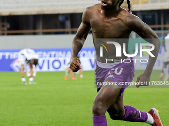 Moise Kean of ACF Fiorentina celebrates after scoring his team's goal during the Italian Serie A football match between ACF Fiorentina and H...