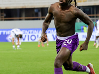 Moise Kean of ACF Fiorentina celebrates after scoring his team's goal during the Italian Serie A football match between ACF Fiorentina and H...