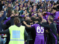 Moise Kean of ACF Fiorentina celebrates with teammates after scoring  goal during the Italian Serie A football match between ACF Fiorentina...