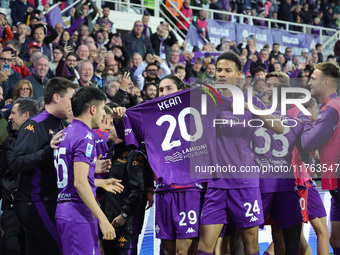 Yacine Adli shows Moise Kean's shirt after the goal during the Italian Serie A football match between ACF Fiorentina and Hellas Verona FC ,o...