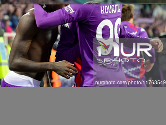 Moise Kean of ACF Fiorentina celebrates with teammates after scoring  goal during the Italian Serie A football match between ACF Fiorentina...