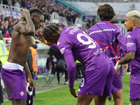 Moise Kean of ACF Fiorentina celebrates with teammates after scoring  goal during the Italian Serie A football match between ACF Fiorentina...