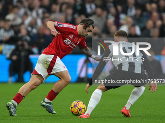 Jota Silva of Nottingham Forest battles with Harvey Barnes of Newcastle United during the Premier League match between Nottingham Forest and...