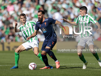 Borja Iglesias of RC Celta de Vigo competes for the ball with Diego Llorente of Real Betis during the La Liga EA Sport match between Real Be...