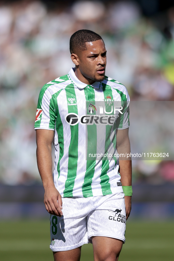 Vitor Roque of Real Betis reacts to a missed opportunity during the La Liga EA Sport match between Real Betis and RC Celta de Vigo at Benito...