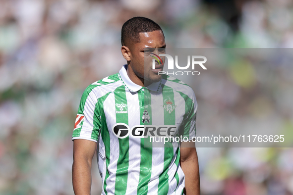 Vitor Roque of Real Betis reacts to a missed opportunity during the La Liga EA Sport match between Real Betis and RC Celta de Vigo at Benito...