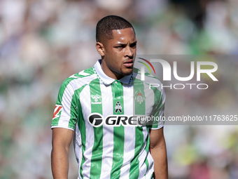 Vitor Roque of Real Betis reacts to a missed opportunity during the La Liga EA Sport match between Real Betis and RC Celta de Vigo at Benito...