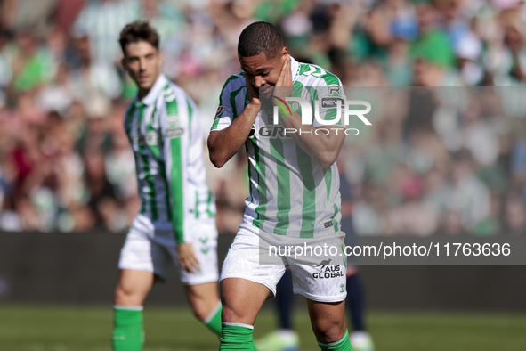 Vitor Roque of Real Betis reacts to a missed opportunity during the La Liga EA Sport match between Real Betis and RC Celta de Vigo at Benito...