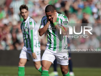 Vitor Roque of Real Betis reacts to a missed opportunity during the La Liga EA Sport match between Real Betis and RC Celta de Vigo at Benito...