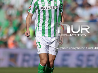 Diego Llorente of Real Betis runs with the ball during the La Liga EA Sport match between Real Betis and RC Celta de Vigo at Benito Villamar...