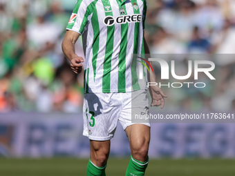 Diego Llorente of Real Betis runs with the ball during the La Liga EA Sport match between Real Betis and RC Celta de Vigo at Benito Villamar...