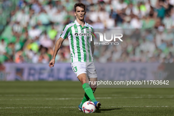 Diego Llorente of Real Betis controls the ball during the La Liga EA Sport match between Real Betis and RC Celta de Vigo at Benito Villamari...