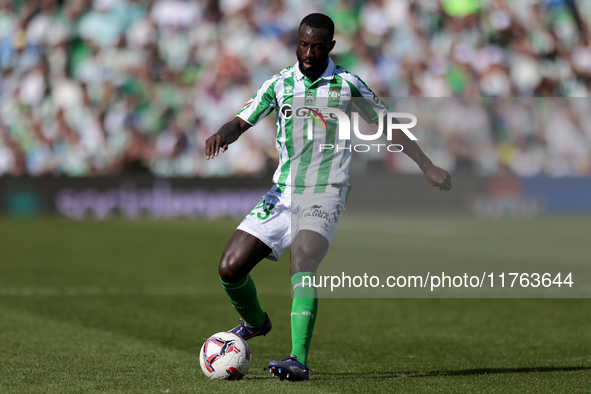 In Seville, Spain, on November 10, 2024, Youssouf Sabaly of Real Betis passes the ball during the La Liga EA Sport match between Real Betis...