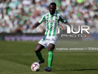 In Seville, Spain, on November 10, 2024, Youssouf Sabaly of Real Betis passes the ball during the La Liga EA Sport match between Real Betis...